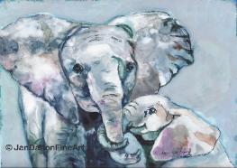Mother Elephant and Baby Elephant Watercolor on Yupo