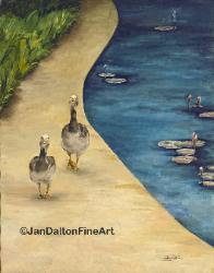 Oil Painting Goose Walk Wildlife Lily Pond