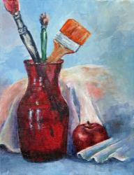 Original Acrylic Stile Life Reds Blue paint brushes apple red vase
