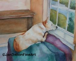 Watercolor Painting Dog Looking out Window