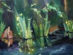Original Acrylic and Oil mixed media painting Azalea Park Iris Pond